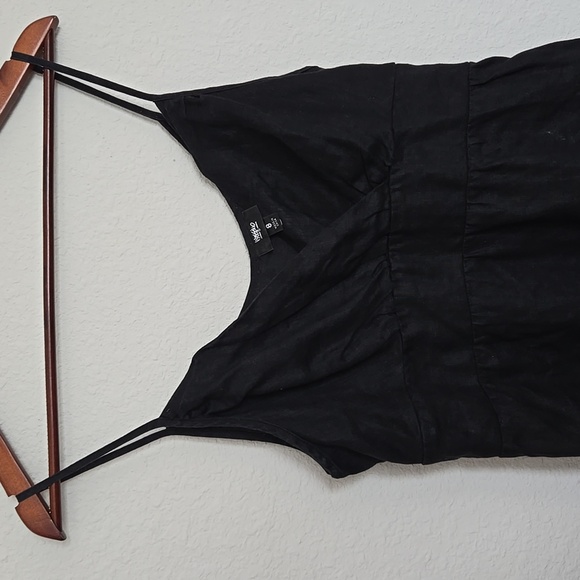 Linen Maxi Dress Black Deep V-Neck Y2K Minimalist - Picture 7 of 10